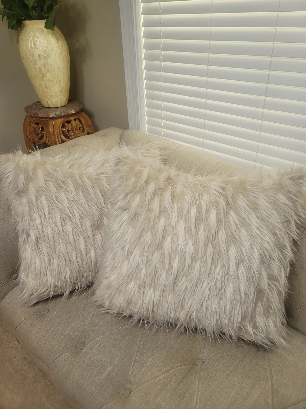 Faux Fur Throw Pillow Covers in Light Taupe